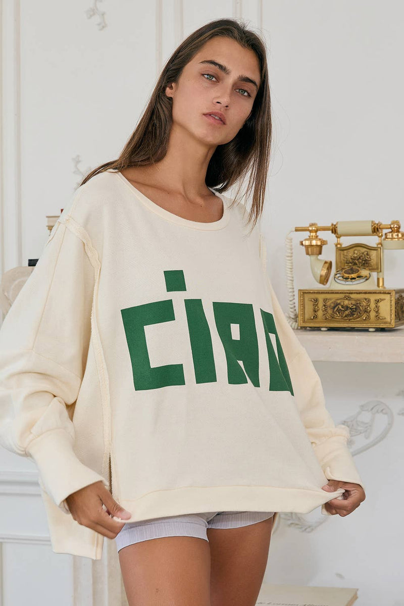 'CIAO' Raw Edge Detail Hi-Low Hem Solid Terry Top