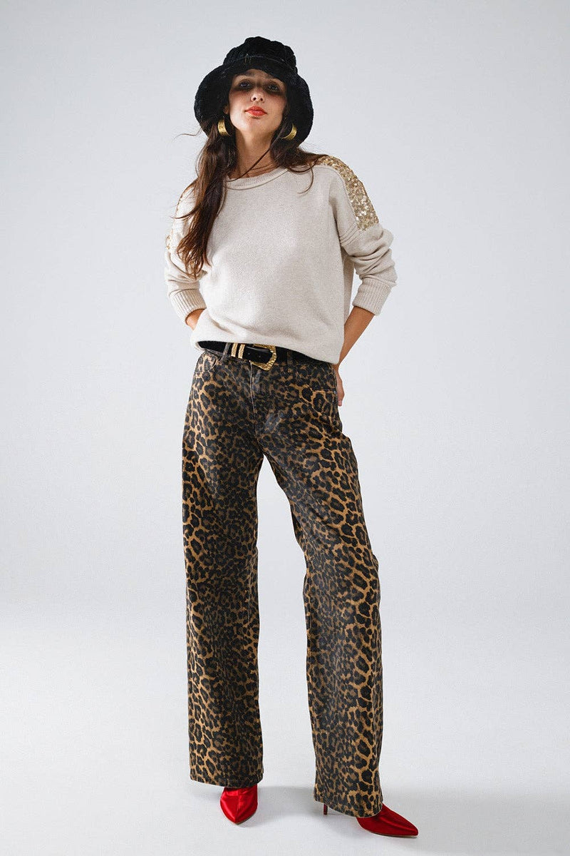 Leopard Print Straight Leg Denim